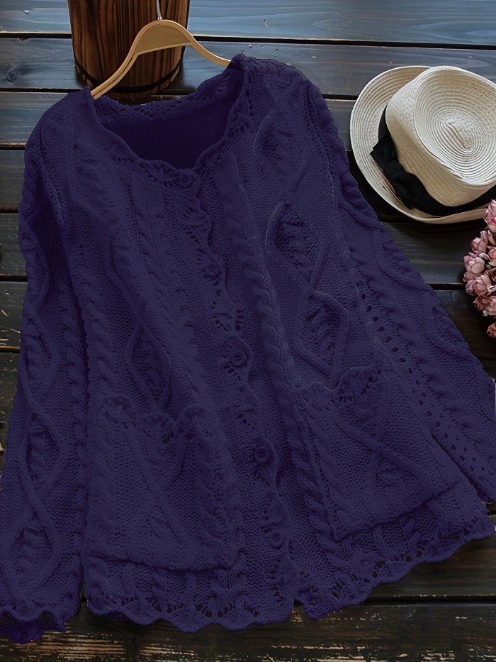 Plus Size Solid Color Cable Knitted Cardigan, Casual Button Front Long Sleeve Cardigan, Women's Plus Size Clothing