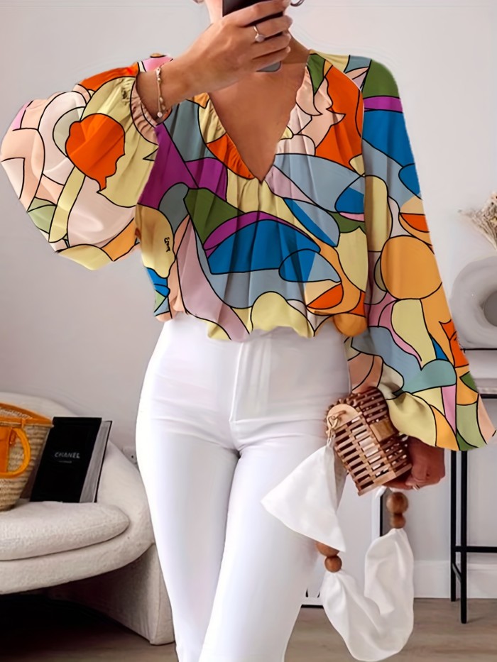 Geo Print Lantern Sleeve Blouse, Vintage V Neck Color Block Blouse, Women's Clothing