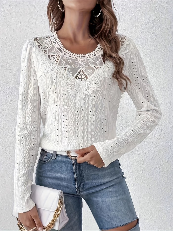 Women's Polyester Blouse With Ruffled Trim, Round Neckline, Long Sleeve, Semi-Sheer, Spring\u002FAutumn Fashion