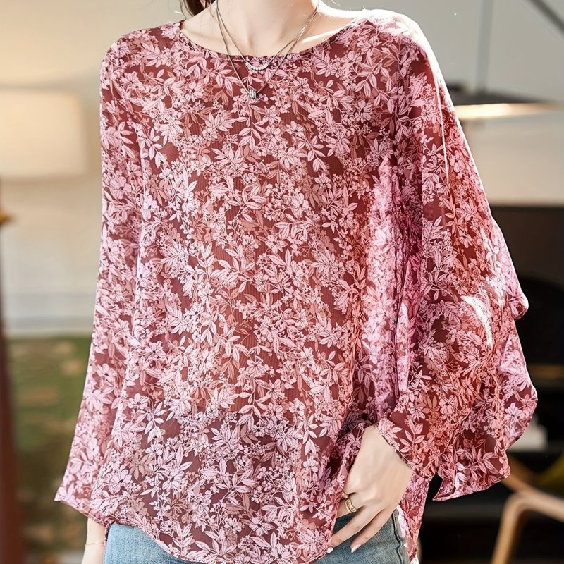 Floral Print Crew Neck Blouse, Elegant Long Sleeve Blouse For Spring & Fall, Women's Clothing