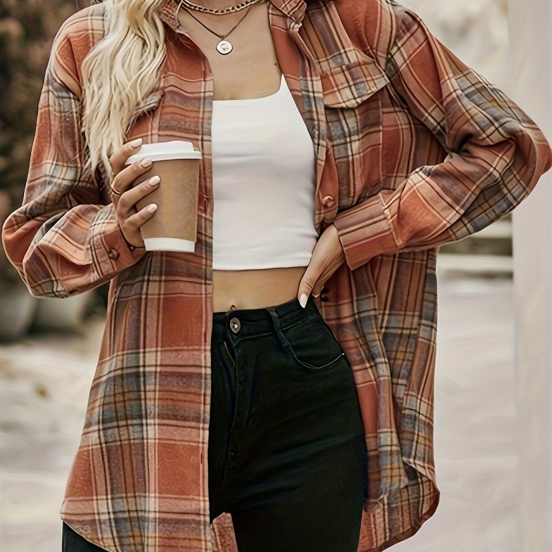 Plaid Button Front Shirt, Elegant Long Sleeve Lapel Shirt, Women's Clothing
