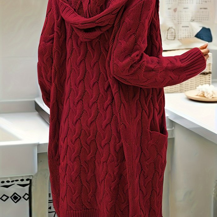 Solid Open Front Cable Knit Hooded Cardigan, Casual Long Sleeve Mid Length Sweater With Pocket, Women's Clothing