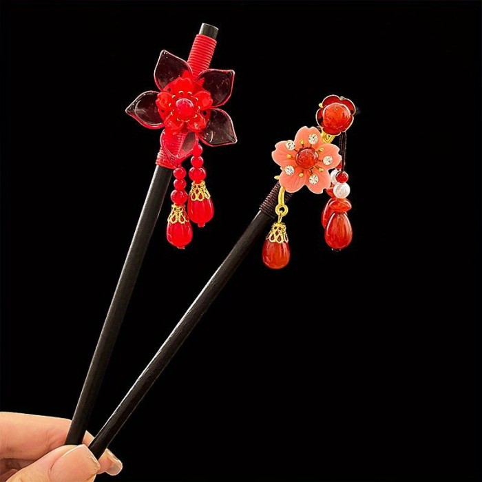 2 Pcs Exquisite Vintage Wooden Hair Sticks - Romantic Chinese Red Flower Hairpins with Festive Holiday Vibes - Unique Christmas Gifts for Women, Hair Accessories for Updo Hairstyles