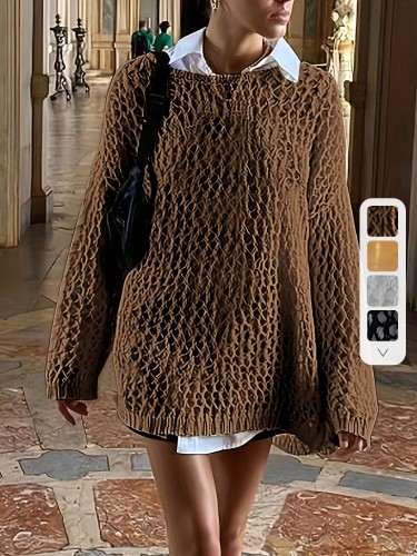 Crochet Cut Out Cover Up Top, Y2K Long Sleeve Crew Neck Top, Women's Clothing