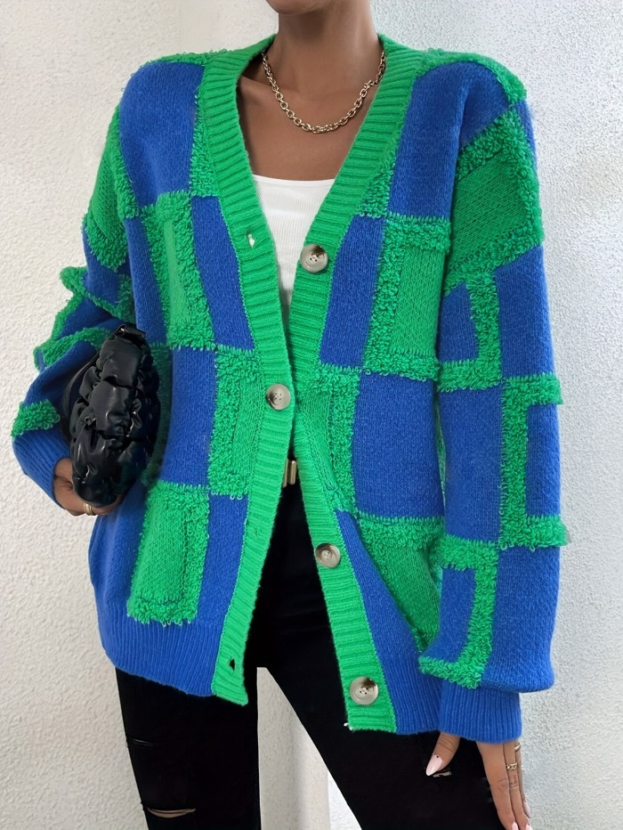 Women's Winter Casual Open-Front Cardigan Sweater With Random Print, Polyester Acrylic Blend, V-Neck, Medium Stretch, Hand Wash Or Dry Clean