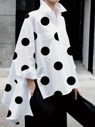 All-Season Polka Dot Blouse - Casual Yet Chic, Long Sleeve, Durable Lapel Button-Up, Easy Maintenance