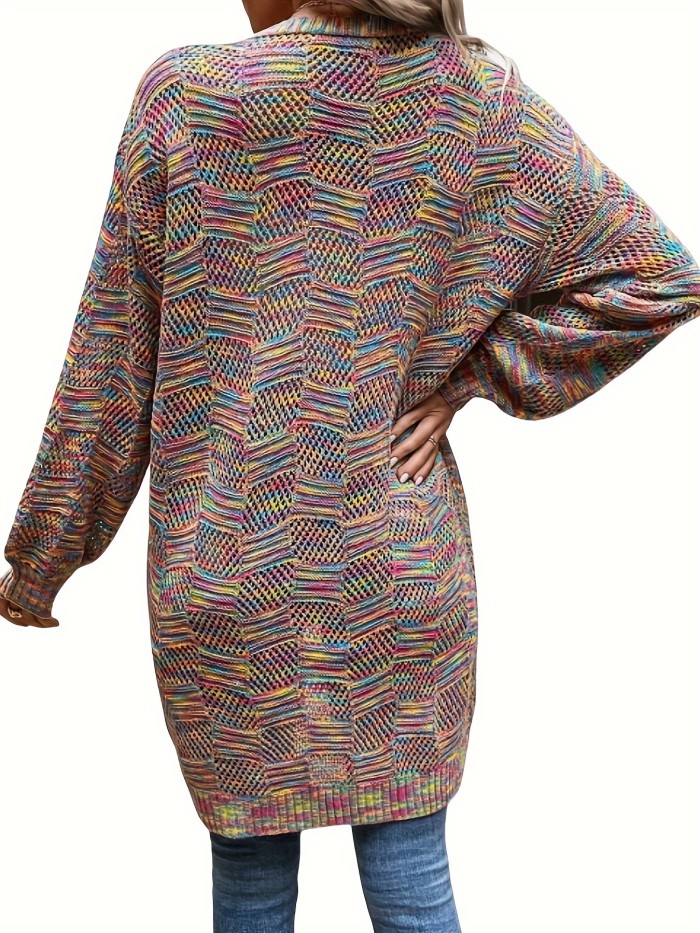 Colorful Open Front Pointelle Knit Cardigan, Elegant Long Sleeve Mid Length Loose Cardigan, Women's Clothing