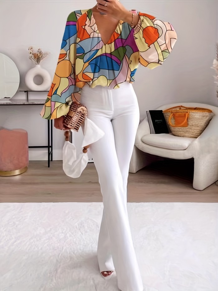 Geo Print Lantern Sleeve Blouse, Vintage V Neck Color Block Blouse, Women's Clothing