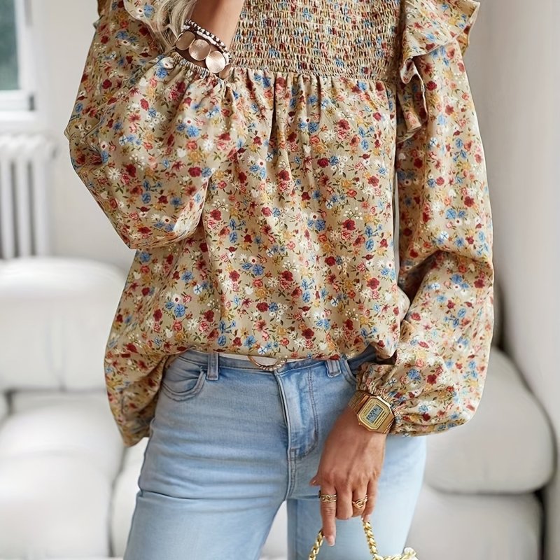 Ditsy Floral Print Blouse, Casual Shirred Ruffle Trim Long Sleeve Blouse, Women's Clothing