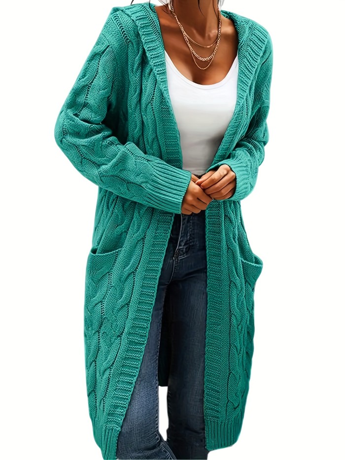 Plus Size Casual Cardigan, Women's Plus Solid Cable Long Sleeve Open Front Hooded Cardigan With Pockets