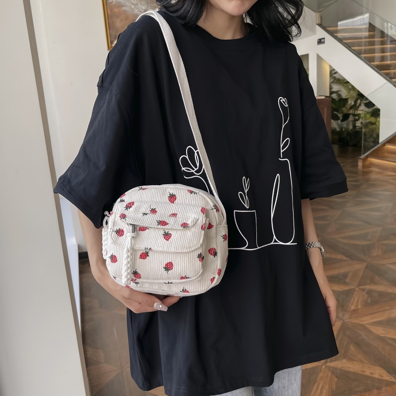 Corduroy Simple Chic Crossbody Satchel Bag - Adjustable Strap, Zipper Closure, Polyester Lining, Random Solid Color Pattern - Casual Everyday Companion for Women