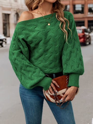 Cozy Off the Shoulder Pullover Sweater - Soft Mid-Elasticity Polyester Knit Fabric, Elegant Lantern Sleeve Design, Hand Washable, Fall\u002FWinter Solid Color Womens Casual Loose Fit Clothing