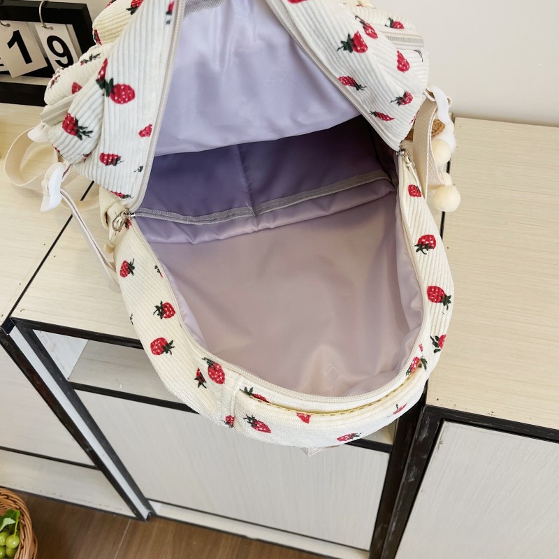 Strawberry Corduroy Fashion Backpack - Adjustable Straps, Laptop & Tablet Compartments, Bottle Holder, Zipper Closure, Random Print Design, Hand Wash Only - Perfect for School and Commuting