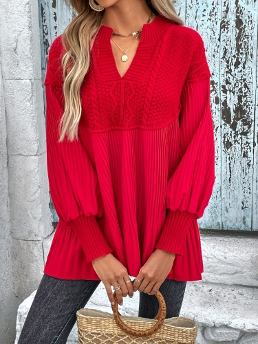 Vibrant V Neck Lantern Sleeve Knit Sweater - Soft, Casual, Loose Fit, Fall Winter Essential - Womens Comfortable Clothing for Daily Wear
