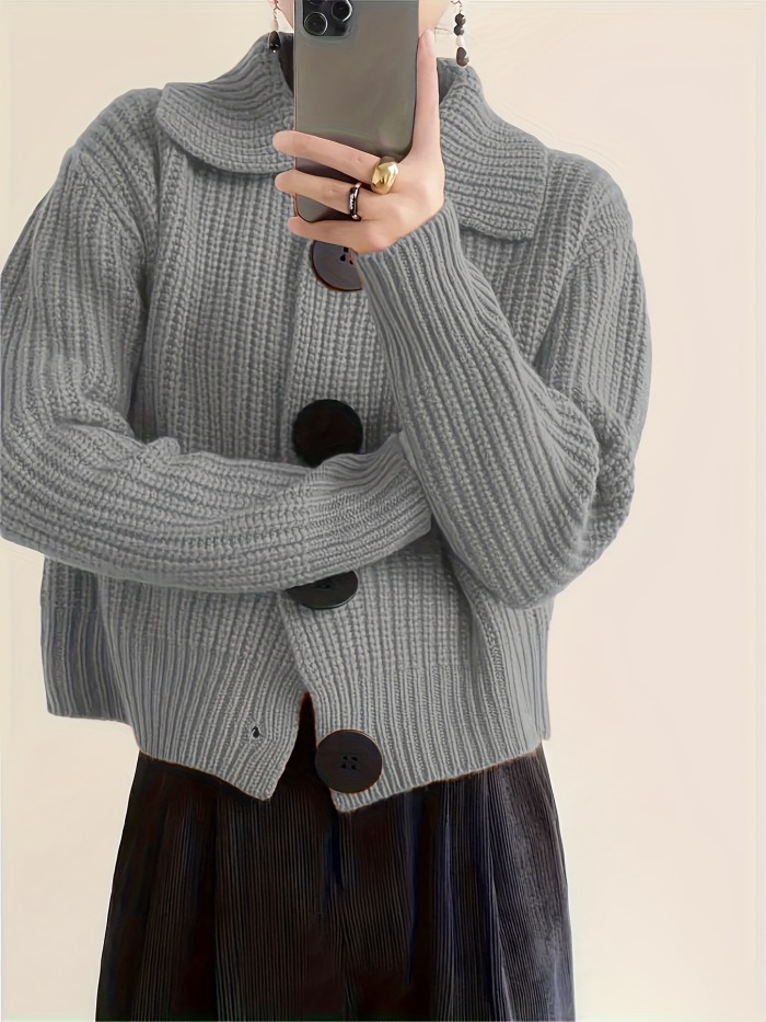 Plus Size Solid Color Button Front Knitted Cardigan, Stylish Casual Long Sleeve Cardigan For Fall & Winter, Women's Plus Size Clothing