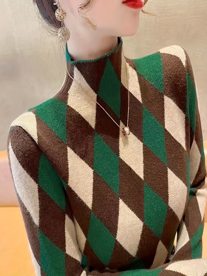 Plaid Turtle Neck Pullover Sweater, Elegant Long Sleeve Fashion Slim Sweater, Women's Clothing