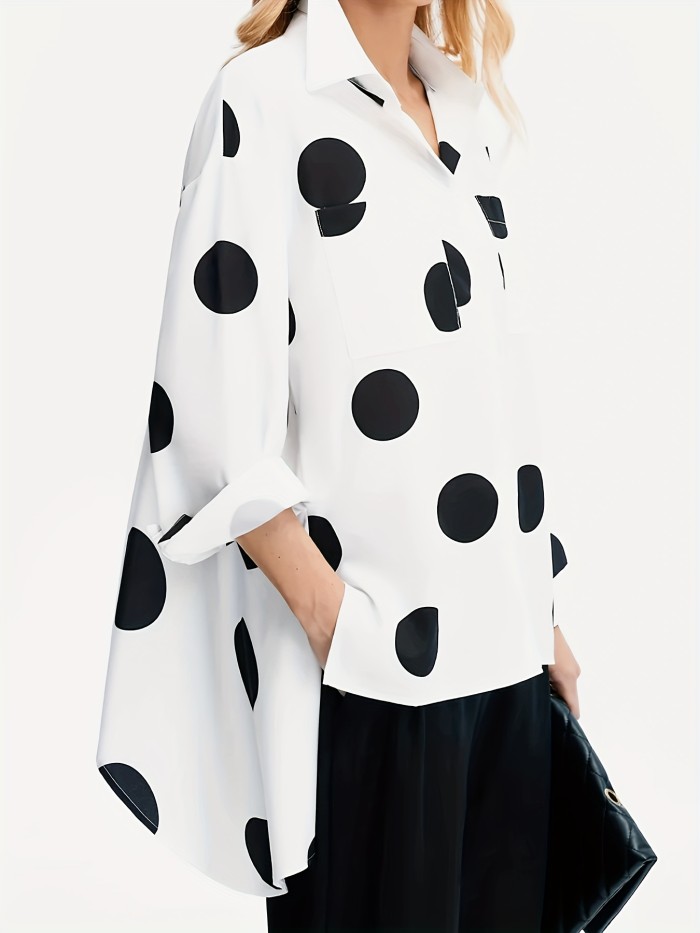 All-Season Polka Dot Blouse - Casual Yet Chic, Long Sleeve, Durable Lapel Button-Up, Easy Maintenance