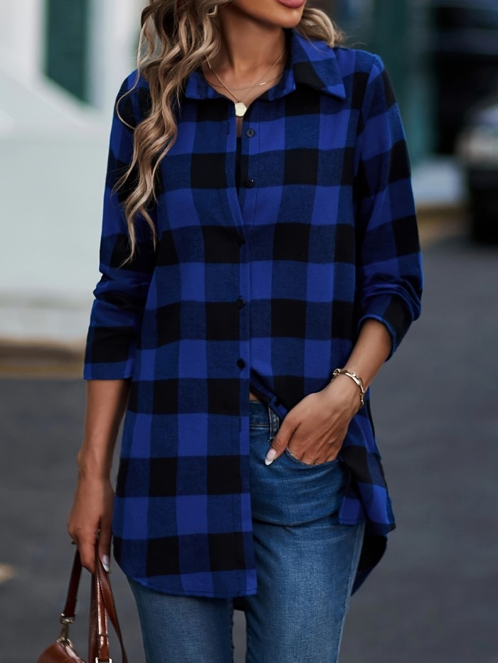 Plaid Print Classic Shirt, Casual Button Front Long Sleeve Shirt, Women's Clothing