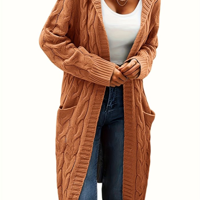Solid Open Front Cable Knit Hooded Cardigan, Casual Long Sleeve Mid Length Sweater With Pocket, Women's Clothing