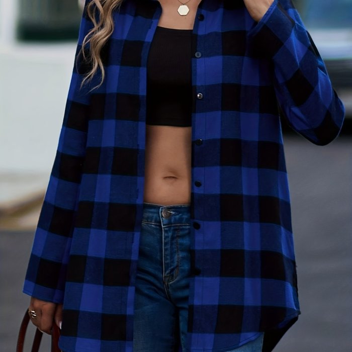 Plaid Print Classic Shirt, Casual Button Front Long Sleeve Shirt, Women's Clothing