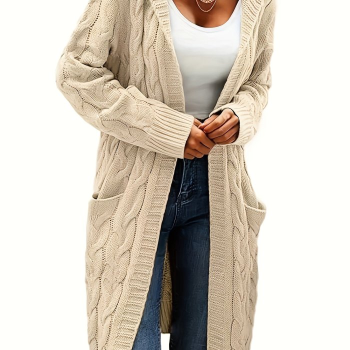 Solid Open Front Cable Knit Hooded Cardigan, Casual Long Sleeve Mid Length Sweater With Pocket, Women's Clothing