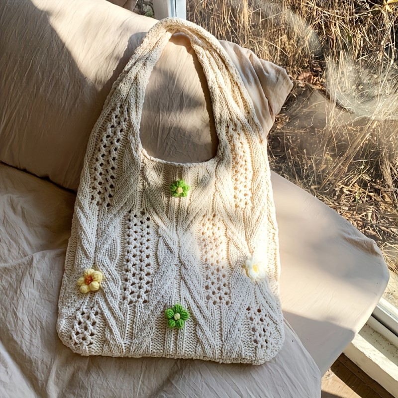 Cute Flower Decor Knit Tote Bag, Aesthetic Shoulder Bag, Hollow Out Crochet Bag For Travel Vacation Beach