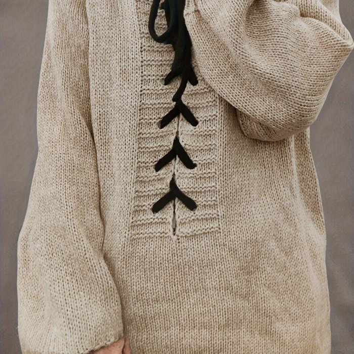 Solid Lace Up Drawstring Hooded Sweater, Casual Long Sleeve Loose Sweater For Fall & Winter, Women's Clothing