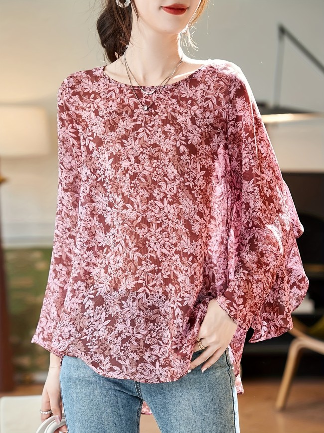 Floral Print Crew Neck Blouse, Elegant Long Sleeve Blouse For Spring & Fall, Women's Clothing