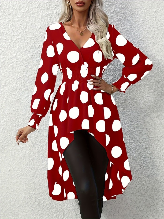 Asymmetrical Polka Dot Blouse, Long Sleeve V-neck Blouse, Casual Every Day Tops, Women's Clothing