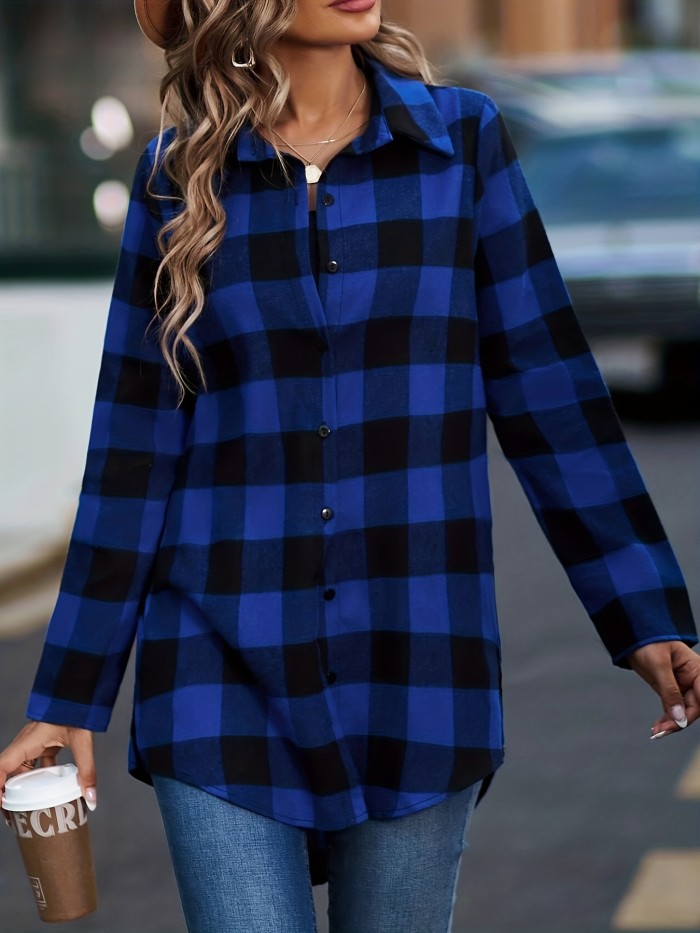 Plaid Print Classic Shirt, Casual Button Front Long Sleeve Shirt, Women's Clothing