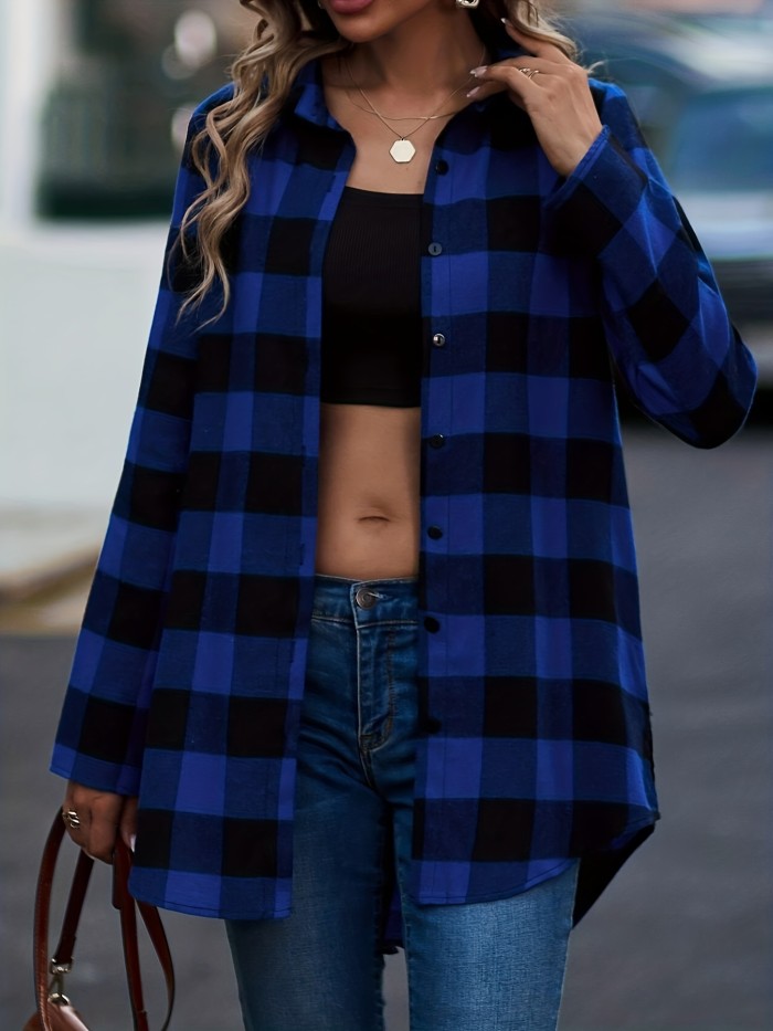Plaid Print Classic Shirt, Casual Button Front Long Sleeve Shirt, Women's Clothing