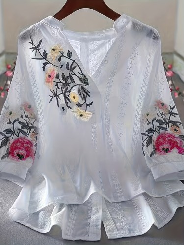 Timeless Vintage Floral Blouse - Flowy Dipped Hem & Chic V-Neckline - Feminine Print Premium Womens Clothing