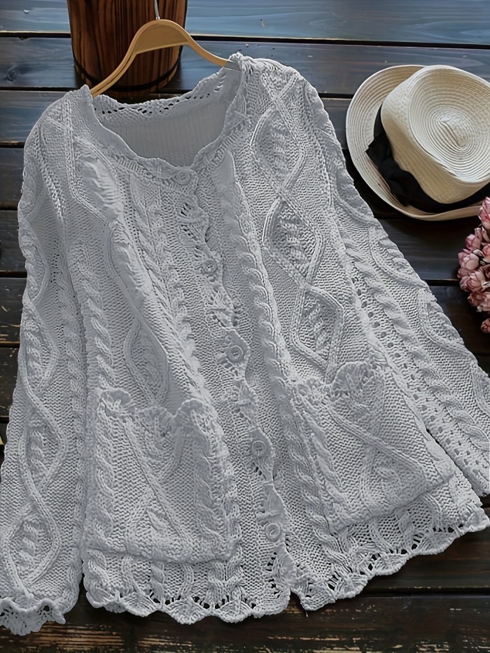 Plus Size Solid Color Cable Knitted Cardigan, Casual Button Front Long Sleeve Cardigan, Women's Plus Size Clothing
