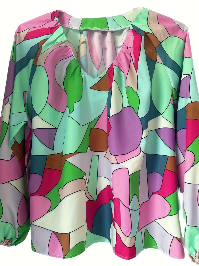 Geo Print Lantern Sleeve Blouse, Vintage V Neck Color Block Blouse, Women's Clothing