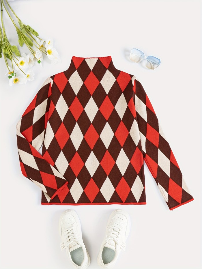 Plaid Turtle Neck Pullover Sweater, Elegant Long Sleeve Fashion Slim Sweater, Women's Clothing