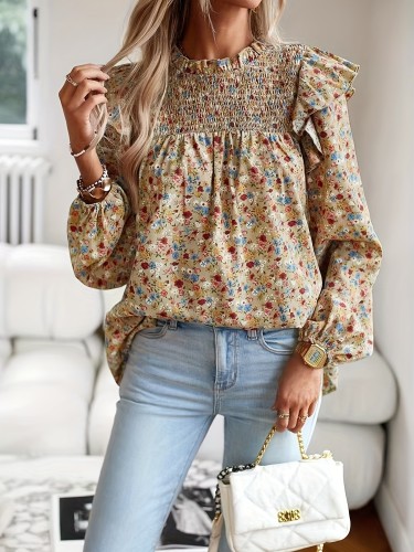 Ditsy Floral Print Blouse, Casual Shirred Ruffle Trim Long Sleeve Blouse, Women's Clothing