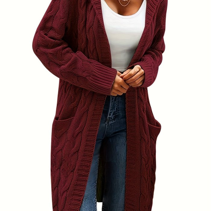 Solid Open Front Cable Knit Hooded Cardigan, Casual Long Sleeve Mid Length Sweater With Pocket, Women's Clothing