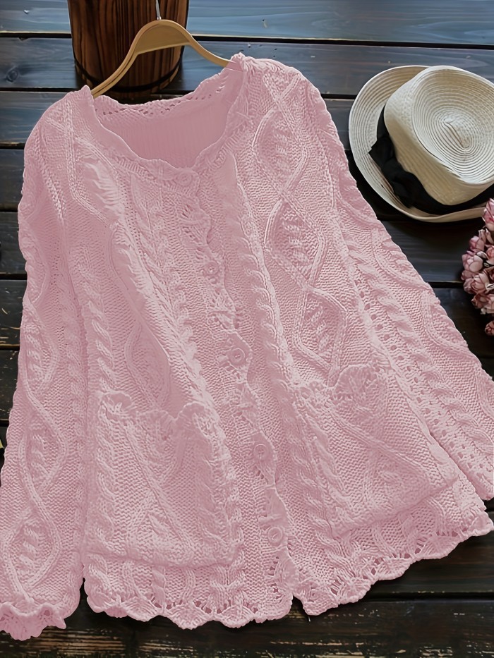 Plus Size Solid Color Cable Knitted Cardigan, Casual Button Front Long Sleeve Cardigan, Women's Plus Size Clothing