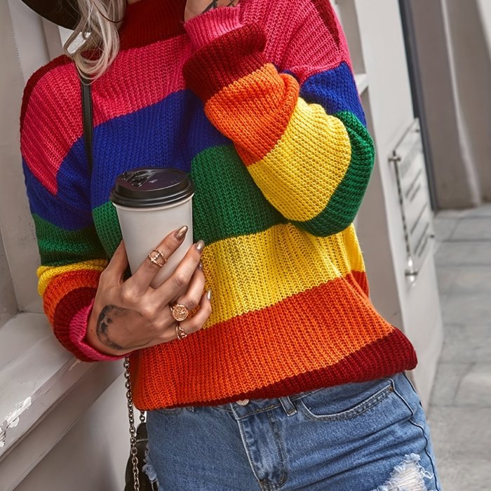Chic Color Block Mock Neck Sweater – Comfortable Long Sleeve Knit for Women, Perfect for Spring & Autumn