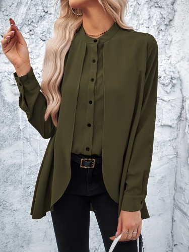 Button Front Layered Blouse, Elegant Solid Long Sleeve Blouse, Women's Clothing