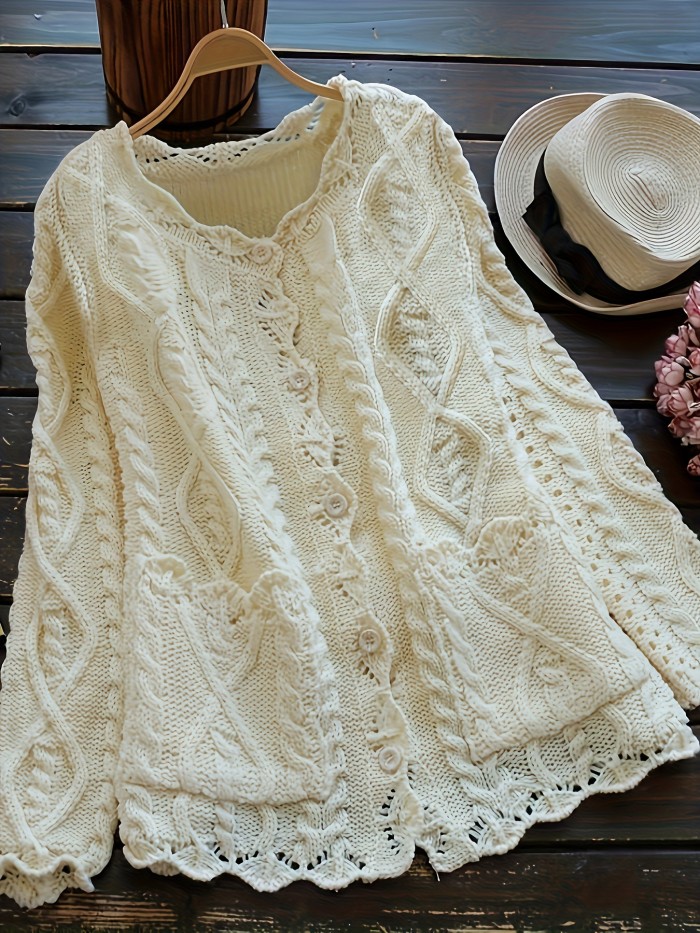 Plus Size Solid Color Cable Knitted Cardigan, Casual Button Front Long Sleeve Cardigan, Women's Plus Size Clothing