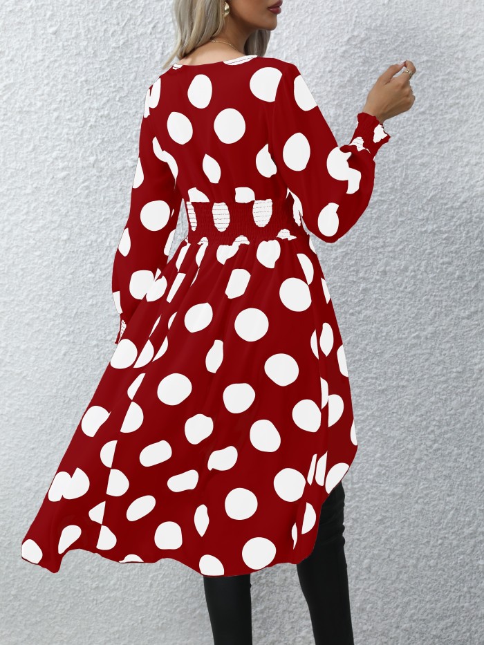 Asymmetrical Polka Dot Blouse, Long Sleeve V-neck Blouse, Casual Every Day Tops, Women's Clothing
