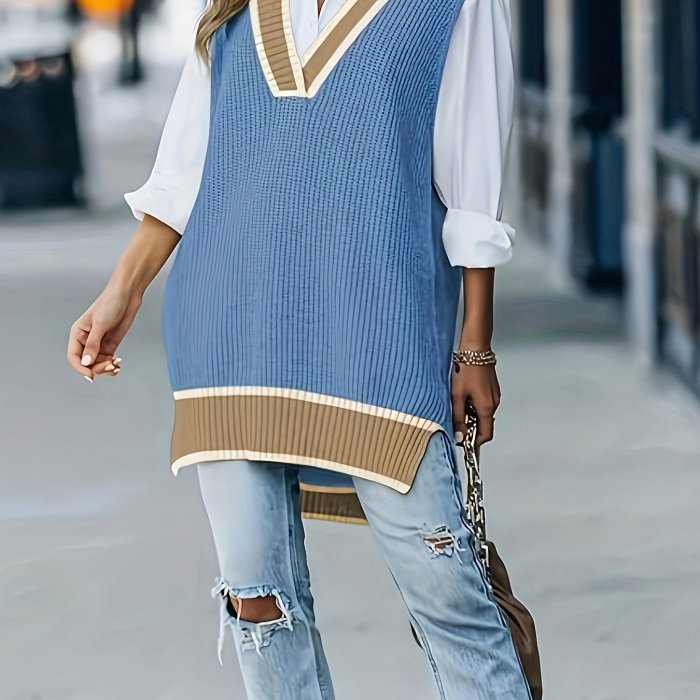 Plus Size Elegant V Neck Sweater Vest - Soft Slight Stretch Knit Fabric, Color Block Pattern, Split Hem Sleeveless Design for Spring & Summer - Womens Comfortable All-Season Clothing