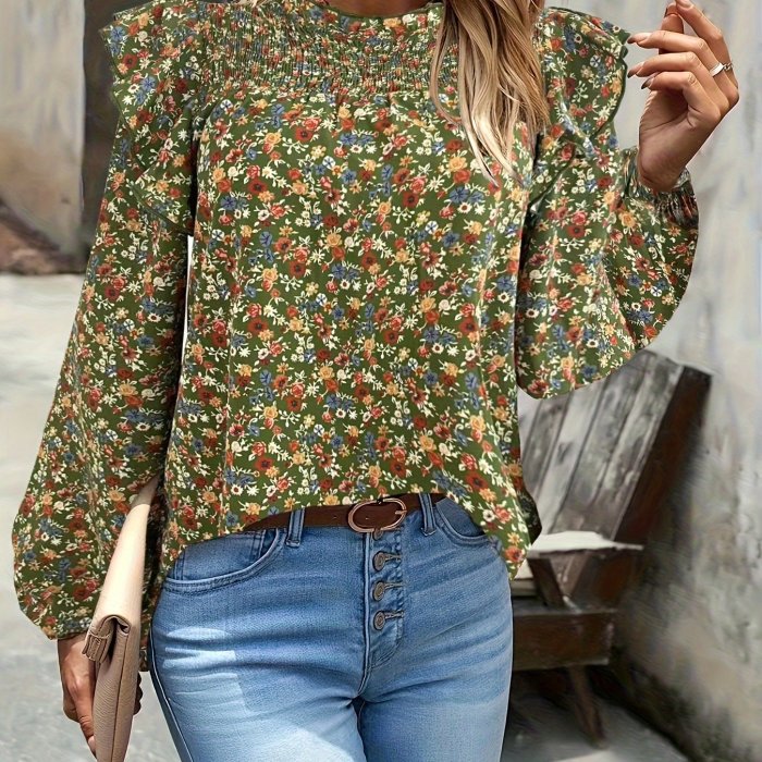 Ditsy Floral Print Blouse, Casual Shirred Ruffle Trim Long Sleeve Blouse, Women's Clothing