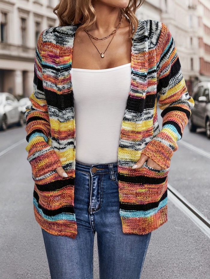 Rainbow Striped Open Front Cardigan, Casual Long Sleeve Cardigan For Spring & Fall, Women's Clothing
