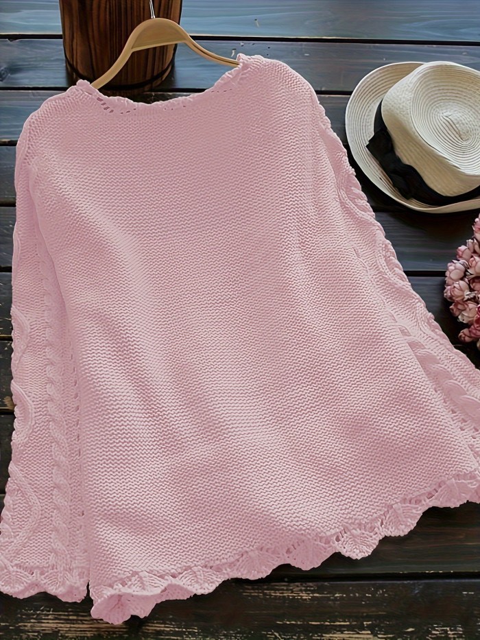 Plus Size Solid Color Cable Knitted Cardigan, Casual Button Front Long Sleeve Cardigan, Women's Plus Size Clothing