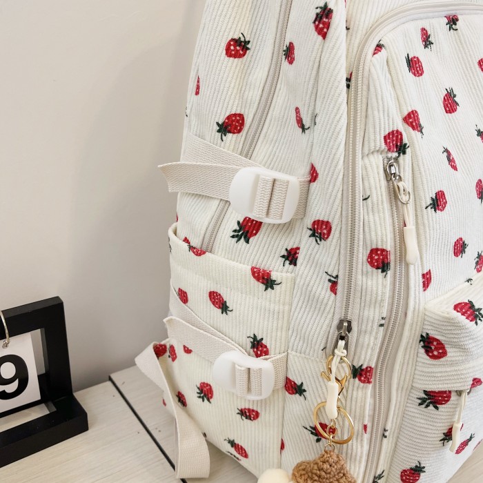 Strawberry Corduroy Fashion Backpack - Adjustable Straps, Laptop & Tablet Compartments, Bottle Holder, Zipper Closure, Random Print Design, Hand Wash Only - Perfect for School and Commuting