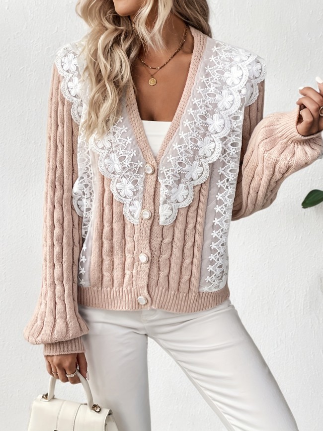Elegant & Warm Buttoned Lace Cardigan - Casual Chic, Durable Knitwear for Women | Fall\u002FWinter Essential