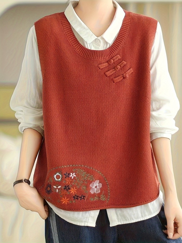 Floral Embroidered Sweater Vest, Casual Crew Neck Sweater Vest For Fall & Winter, Women's Clothing