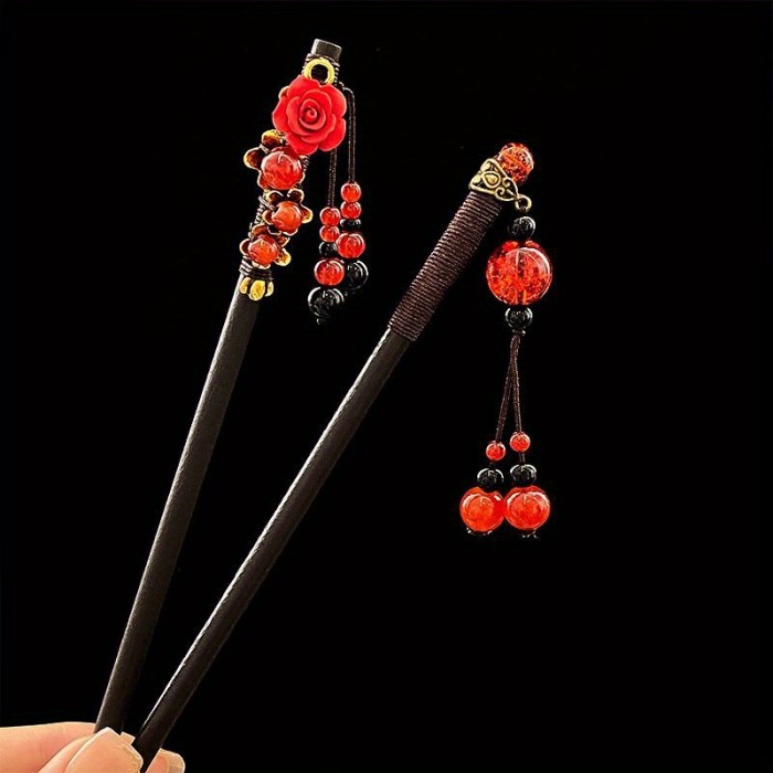 2 Pcs Exquisite Vintage Wooden Hair Sticks - Romantic Chinese Red Flower Hairpins with Festive Holiday Vibes - Unique Christmas Gifts for Women, Hair Accessories for Updo Hairstyles